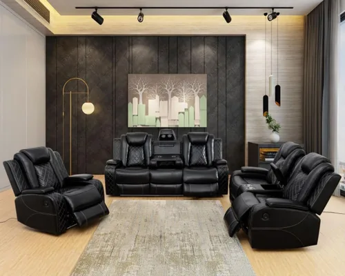 Vista 4 de Silla reclinable eléctrica, sofá biplaza, sofá para sala de estar, cómodo asiento de cuero transpirable para cine en casa con puertos de carga USB