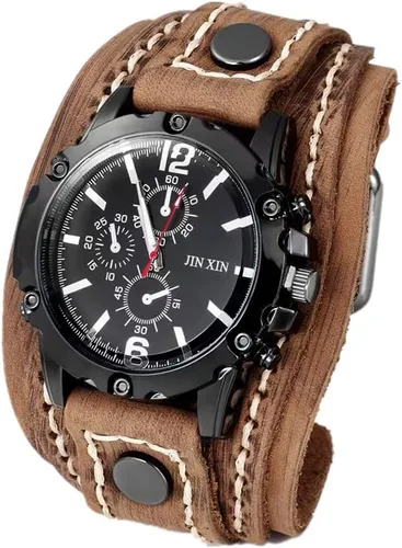 Vista 6 de MINILUJIA Hecho a mano cosido con cuerda de cera para hombre, relojes vintage punk hiphop gótico ancho de cuero genuino brazalete redondo de cuarzo