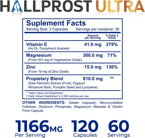 Vista 4 de Hallusa Natural Hallprost Ultra + Free Hallvigor - Salud y vitalidad de próstata para hombres - Saw Palmetto, licopeno y ginseng - Apoya la función