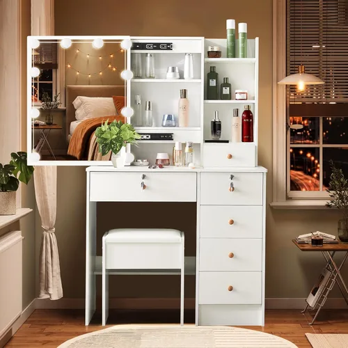 Vista 21 de Escritorio blanco cálido con espejo iluminado LED, mesa de tocador de maquillaje con armario izquierdo iluminado, 6 cajones y taburete, tocador