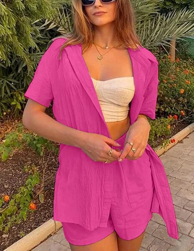 Vista 3 de SeekMe Conjunto de pantalones cortos de lino para mujer, camiseta de manga corta, pantalones cortos, 2 piezas, verano, playa, vacaciones, trajes