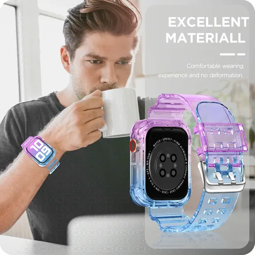 Vista 359 de DABAOZA - Correa transparente compatible con Apple Watch con estuche protector, correa deportiva de TPU con brillo para mujeres y hombres
