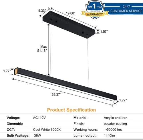 Vista 8 de Lámpara colgante lineal LED de 39.37 pulgadas, luz de mesa de billar regulable de 36 W, luces modernas de isla para cocina, comedor, sala de estar