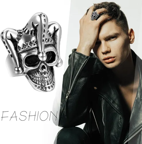 Vista 5 de Flongo Anillo punk de acero inoxidable plateado negro gótico Joker payaso anillo para hombre