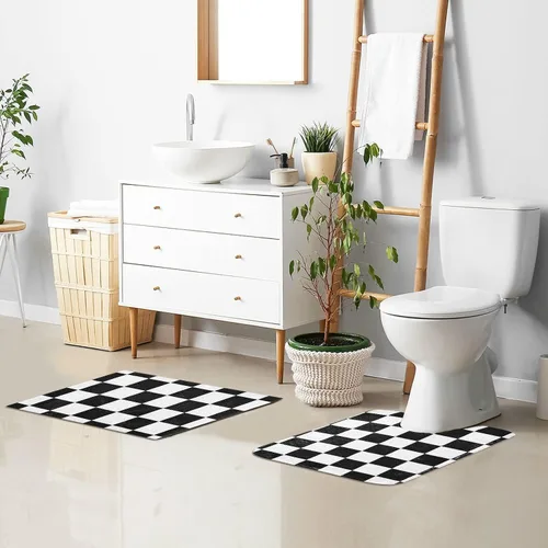 Vista 7 de Tapete de baño a cuadros de tablero de ajedrez, suave, absorbente, lavable, tapete de baño para piso de baño, tapete de baño antideslizante