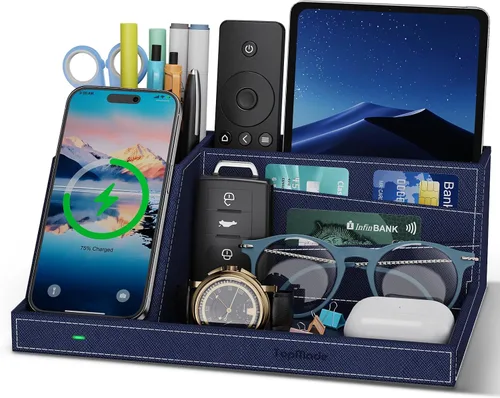 Vista 12 de TopMade Organizador de mesita de noche de escritorio con cargador inalámbrico, soporte de cuero para bolígrafos, accesorios de oficina, estación