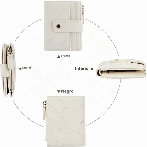 Vista 3 de Cartera de cuero para mujer, linda, pequeña, compacta, plegable con cremallera, con bolsillo para monedas Beige