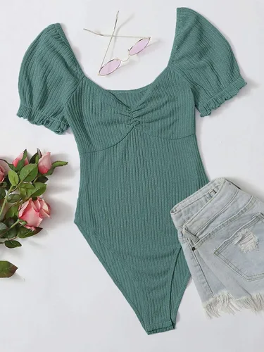 Vista 5 de Milumia Body de punto acanalado con manga abombada y cuello corazón para mujer