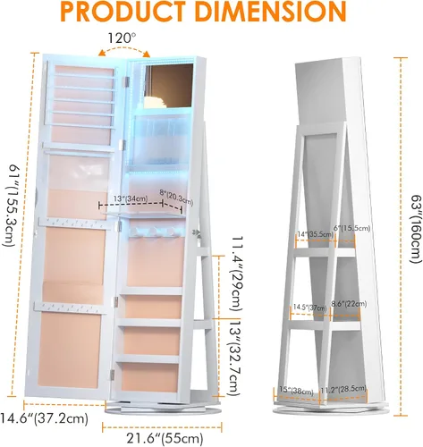 Vista 3 de Vlsrka Armario de joyería LED con espejo de longitud completa giratorio de 360, gabinete de joyería, espejo grande con cerradura de pie, organizador