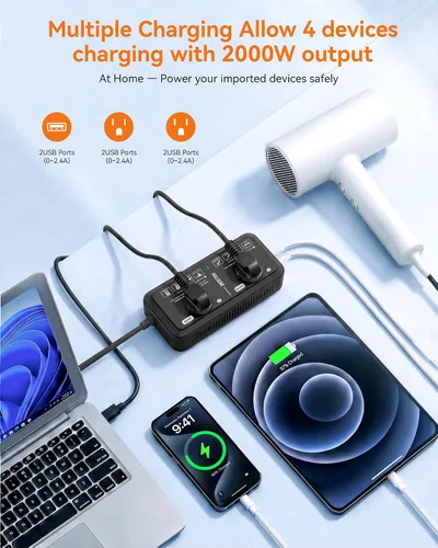 Vista 3 de Adaptador de enchufe de viaje europeo de 220 V a 110 V Convertidor de voltaje de EE. UU. a Europa 2000 W Convertidor de voltaje de viaje con 2 Negro