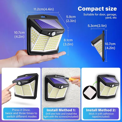 Vista 6 de CLAONER - Luces solares para exteriores, [128 LED/8 paquetes], luces solares con sensor de movimiento, 3 modos de trabajo, luces de pared con ángulo