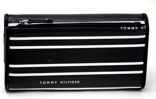 Vista 3 de Tommy Hilfiger Bolso de embrague de cartera de chequera a rayas con logotipo blanco y negro