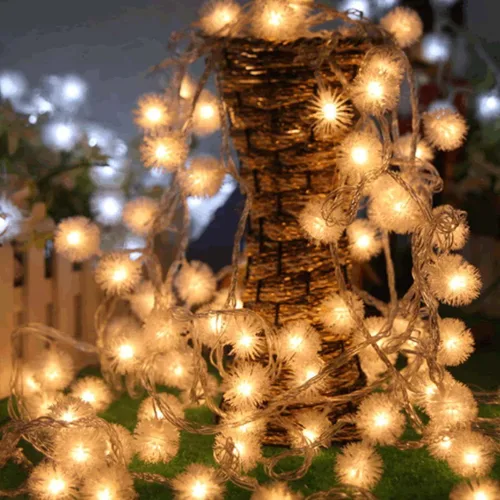Vista 3 de Guirnalda de 100 luces LED de bolas de nieve peludas con control remoto de diente de león para vacaciones, bodas, decoración de fiestas