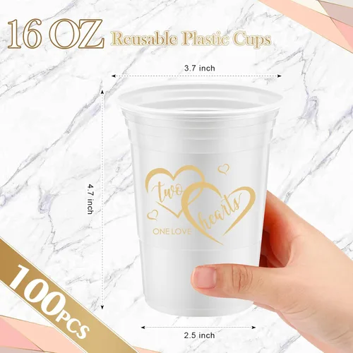 Vista 3 de Layhit - 100 vasos desechables de plástico grueso para boda, tazas blancas de 16 onzas con 2 elegantes diseños de amor, decoraciones para invitados