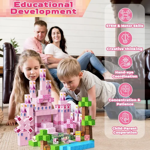 Vista 6 de Bloques magnéticos – 100 bloques de construcción magnéticos de castillo de princesa rosa, cubos magnéticos 3D para niñas, juguete de construcción