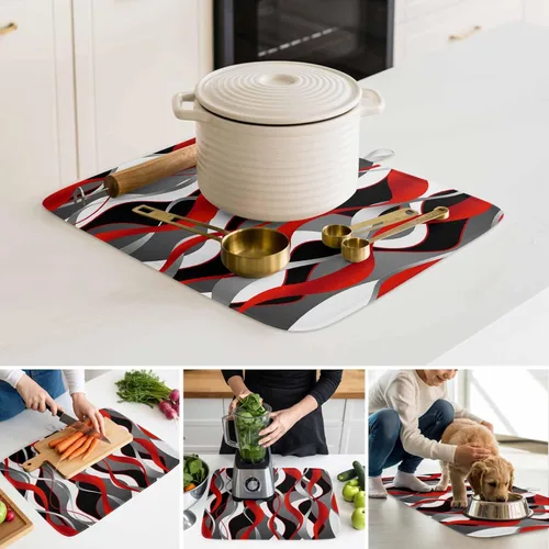 Vista 4 de Tapete de secado de cocina para mostrador de líneas abstractas 3D en negro, absorbente, plegable, de microfibra, color rojo, blanco, gris