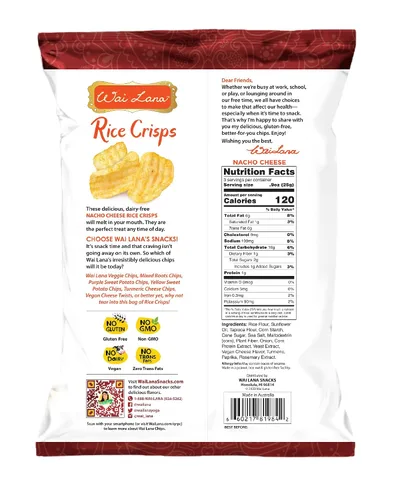 Vista 2 de Wai Lana Chips Rice Crisps - Queso Nacho, sin gluten, vegano, sin OMG, 2.65 oz (12 unidades)