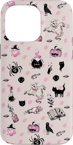Vista 21 de iPhone 16 Vintage Halloween Case Pumpkins Ghosts Witch Skulls Pink Case