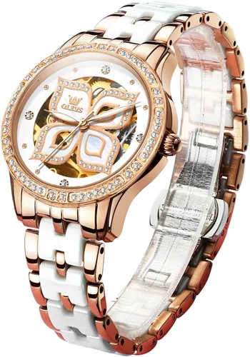 Vista 12 de OLEVS Reloj automático para mujer, reloj de cerámica de acero inoxidable Mariposa / Colorido
