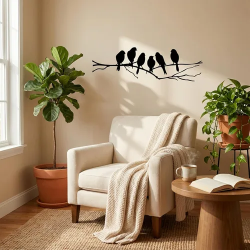 Vista 3 de Picniva Calcomanía de pared de pájaro en rama de árbol, 22 x 7 pulgadas, vinilo negro mate para decoración de guardería, sala de estar y dormitorio