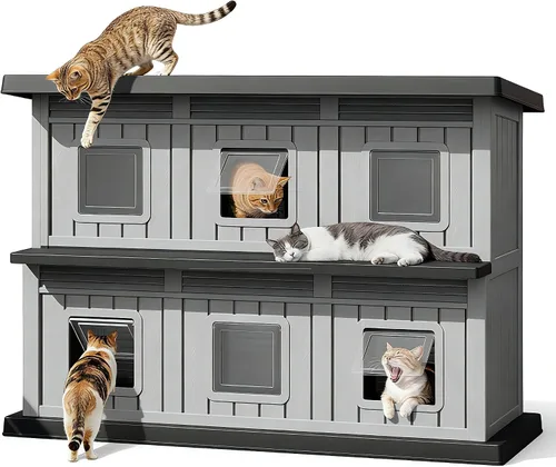 Vista 11 de Casa de gato resistente a la intemperie para exteriores, casa para gatos al aire libre para múltiples gatos, refugio de resina de doble piso