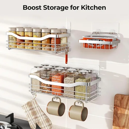 Vista 5 de Orimade Cesta de ducha con 5 ganchos, organizador de baño, estante de almacenamiento de cocina, adhesivo montado en la pared, sin perforaciones