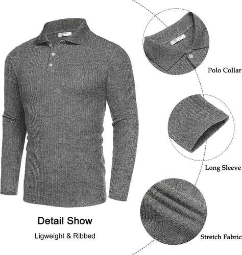 Vista 5 de COOFANDY Camisetas tipo polo casuales para hombre, de manga larga, con textura, de punto