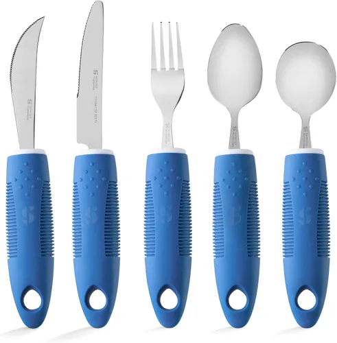 Vista 9 de Special Supplies Utensilios adaptativos (juego de cocina de 5 piezas) anchos, sin peso, asas antideslizantes para temblores de manos, artritis