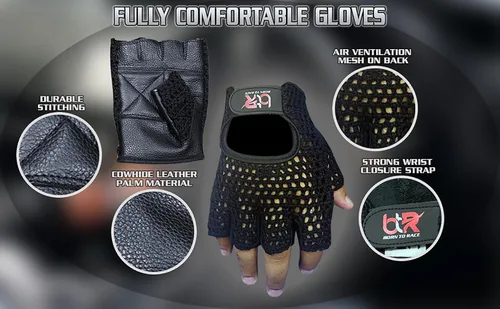 Vista 3 de Guantes de conducción de chófer de malla sin dedos, piel de vaca, palma de algodón, espalda de ganchillo, ciclismo, guantes para silla de ruedas