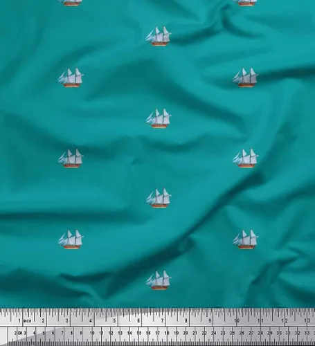Vista 23 de Soimoi Tela de algodón Cambric Fish & Anchor Hook Tela impresa náutica 1 yarda 42 pulgadas de ancho