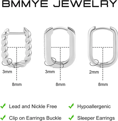 Vista 4 de BMMYE Aretes de aro de plata de ley para mujer, aretes cuadrados para cartílago, pequeños y gruesos, para múltiples piercings