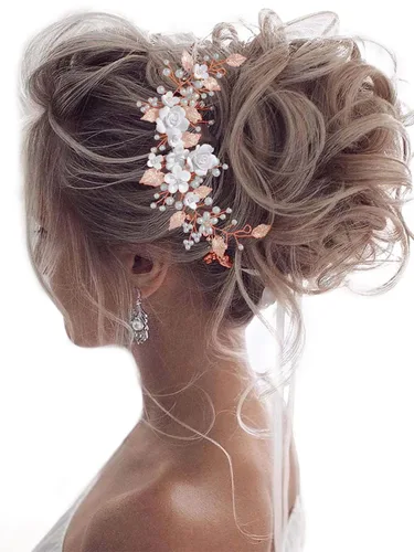 Vista 10 de Unicra Flor novia pelo vid perla pieza de pelo nupcial hoja accesorios para el pelo diadema de diamantes de imitación para mujeres y niñas (dorado)