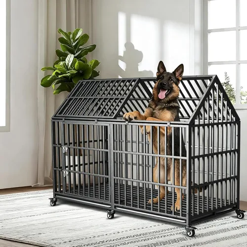 Vista 7 de Jaula de perro de 54 pulgadas resistente e indestructible con alfombrilla, jaula canina con ruedas bloqueables a prueba de fugas, puerta doble