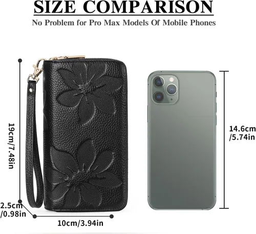 Vista 7 de GOIACII Cartera de mujer de gran capacidad con doble cremallera para mujer, soporte para teléfono con bloqueo RFID, correa de cuero