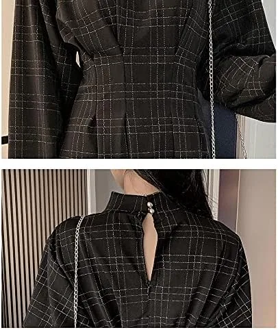 Vista 3 de Vestido gótico de manga larga, estilo Harajuku, vintage, a cuadros, cruzado, negro, minivestido retro, plisado, punk, manga larga, oscuro