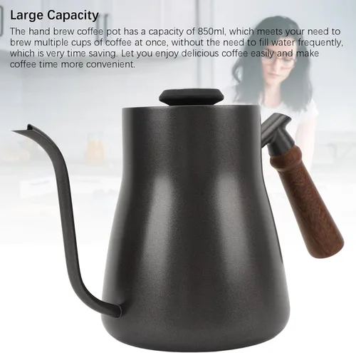 Vista 6 de Hervidor de café de cuello de cisne, hervidor de café de 28.7 fl oz con termómetro, boquilla larga y delgada, mango de madera de acero inoxidable