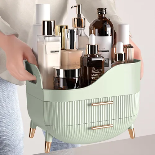 Vista 5 de Pajiriona Organizador de maquillaje con cajones, organizador de cuidado de la piel para tocador, caja de almacenamiento con asa, vitrina grande