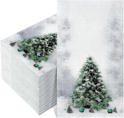 Vista 7 de Cholemy 200 servilletas de papel desechables de papel de 2 capas, diseño de bola de árbol de Navidad, diseño de Papá Noel negro, para cocina y baño