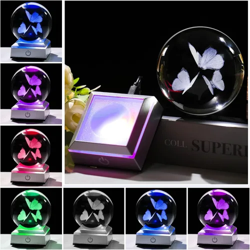 Vista 3 de Movdyka Figura de bola de cristal de mariposa 3D, regalos de mariposas de vidrio para mujeres, mamá, mejores amigas, luz nocturna, estatua