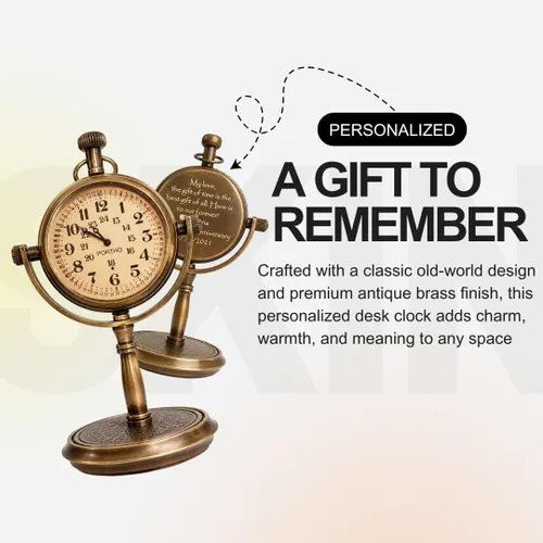 Vista 4 de PORTHO Reloj de escritorio personalizado, reloj de mesa silencioso para decoración del hogar y la oficina, reloj único de la vieja escuela