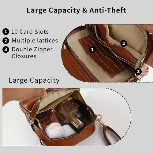 Vista 6 de Bolso cruzado de cuero para mujer, bolsa de mensajero antirrobo con gran capacidad, ranuras para tarjetas incorporadas, bolsa de hombro