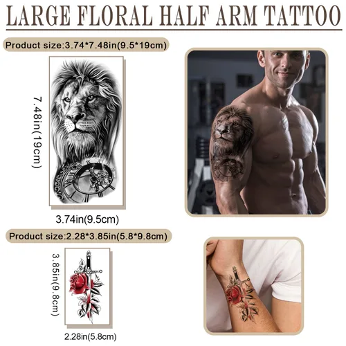 Vista 3 de Yazhiji 77 hojas de tatuajes temporales impermeables para niñas o niños, 17 hojas más grandes de medio brazo, lobo, tigre, león, tatuajes falsos