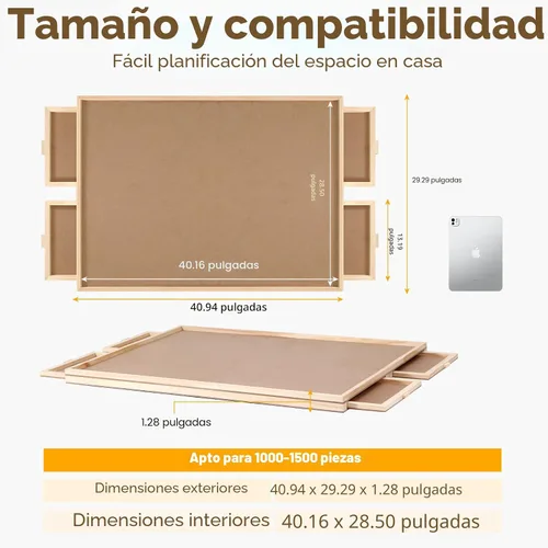 Vista 3 de Tabla giratoria de rompecabezas de 2000 piezas con 4 cajones, mesa de rompecabezas de madera portátil de 40.16 x 28.5 pulgadas con cubierta Madera