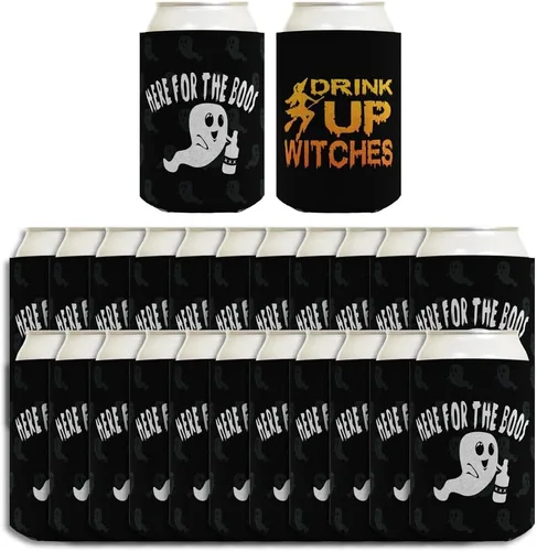 Vista 11 de Decoración espeluznante de Halloween Bebe brujas aquí para los abucheos 2 caras Paquete de 2 termoenfriadores ultra delgados para latas