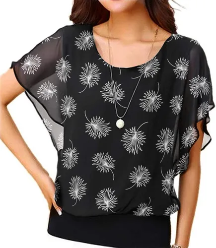 Vista 19 de VIISHOW - Blusa de gasa y de manga corta para mujer, estilo holgado y casual Negro