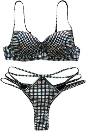 Vista 4 de JUMISEE Traje de baño con holograma brillante para mujer, traje de baño sexy con tanga y tanga