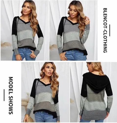 Vista 2 de BLENCOT - Suéter con capucha y cordón para mujer, ligero, sin botones, sudadera con bloque