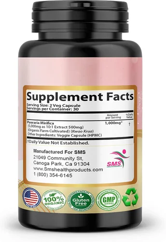 Vista 2 de Pueraria Mirifica Capsules, sin rellenos, 1000 mg diarios, suplemento de extracto de raíz orgánico, 60 cápsulas vegetales para hombres, mujeres