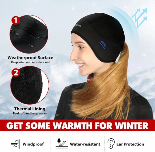 Vista 2 de Hikenture Gorro de calavera para casco con cola de caballo, gorro térmico de invierno para mujer, gorro de ciclismo para correr, gorro con agujeros