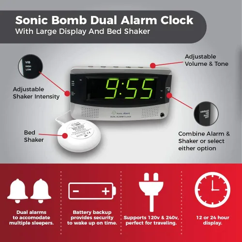 Vista 4 de Sonic Alert SBD375SSEU/USA Sonic Boom Dual Alarm Vibrating Alarm Reloj despertador